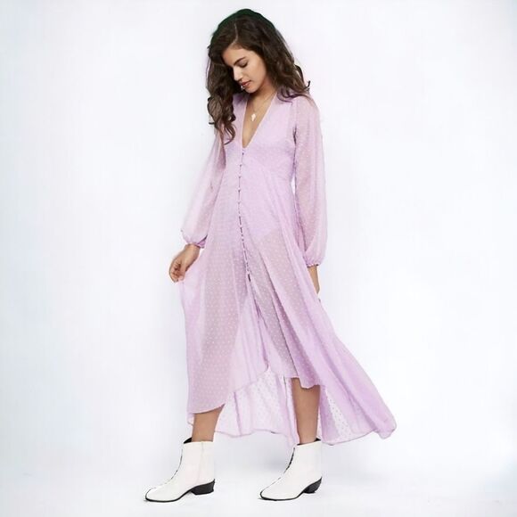 EXPRESS X Rocky Barnes Lilac Swiss Dot Button Front Kimono Sheer Dress Sz M - Picture 2 of 14